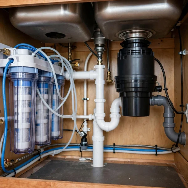 Under Sink Plumbing Organization for Residential Kitchens With Multiple Filtration and Disposal Systems