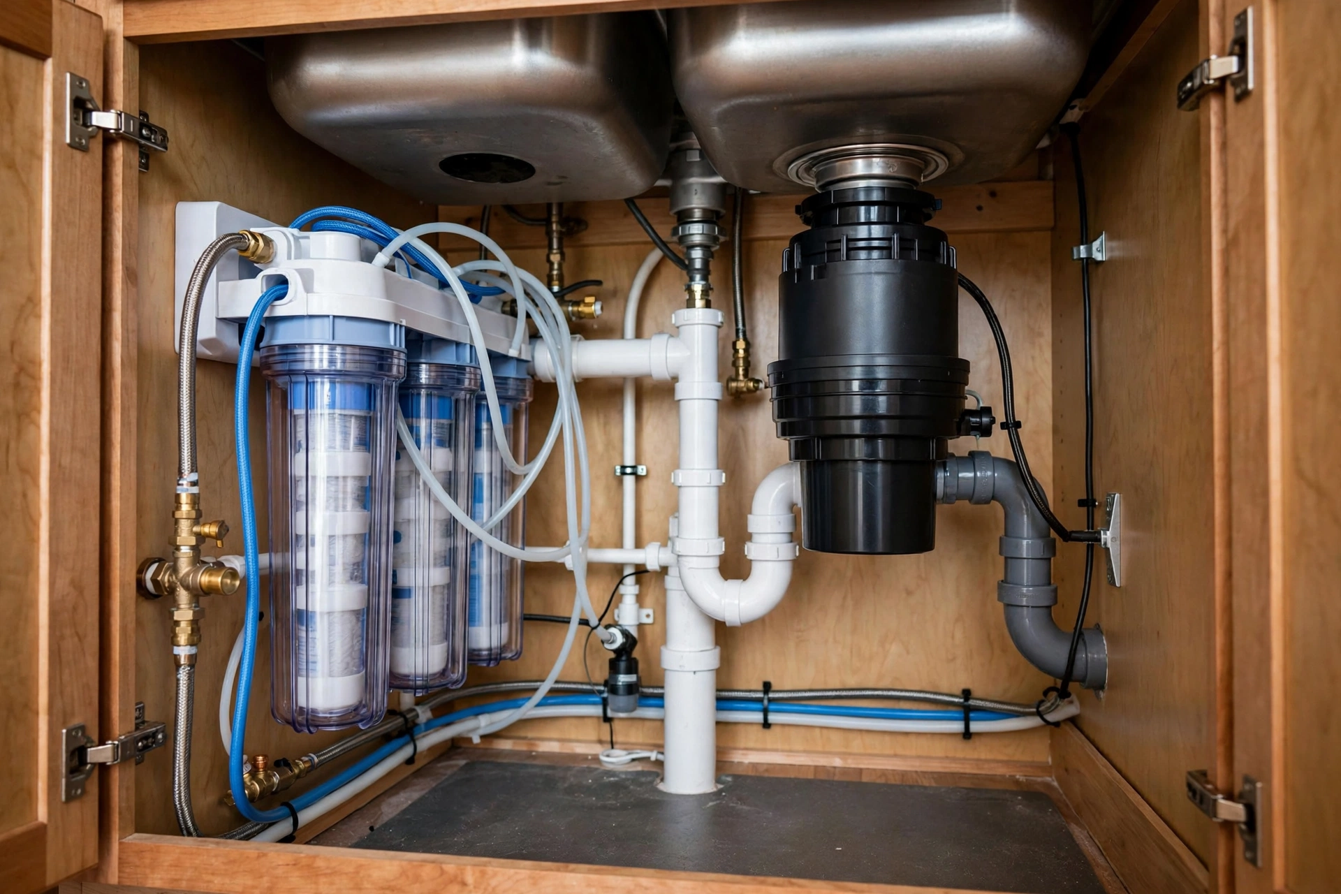 Under Sink Plumbing Organization for Residential Kitchens With Multiple Filtration and Disposal Systems
