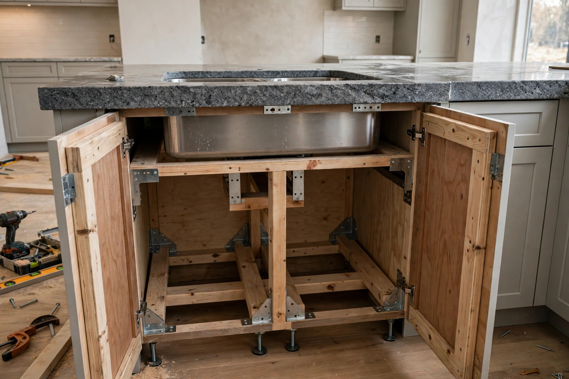 Kitchen Sink Base Cabinet Reinforcement for Residential Countertops With Heavy Stone Materials